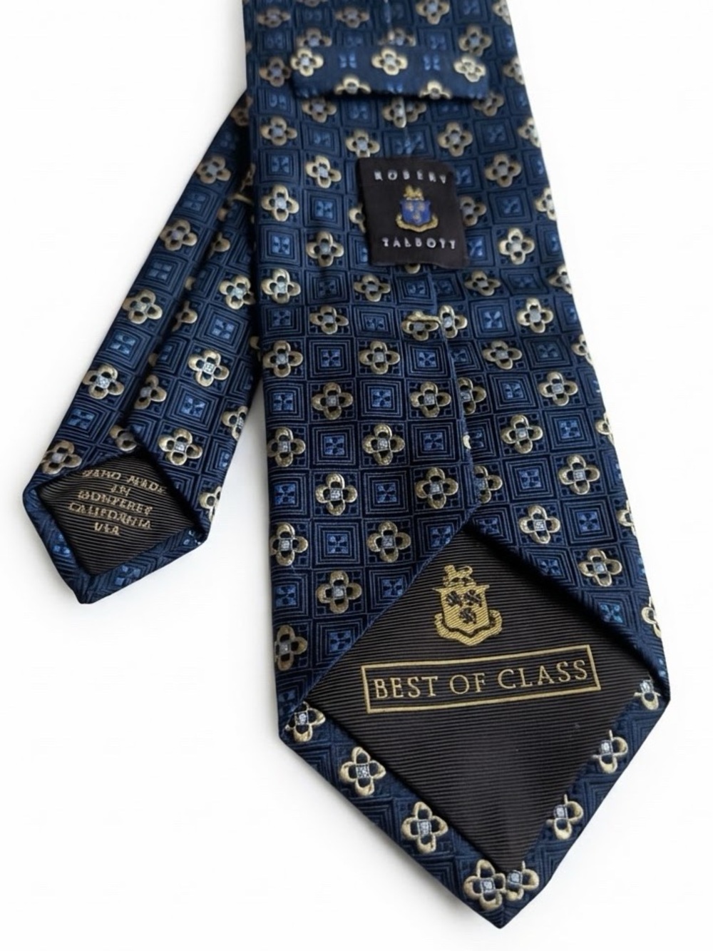 Robert Talbott Best of Class Silk Tie Navy Blue Gold Geometric Woven Necktie